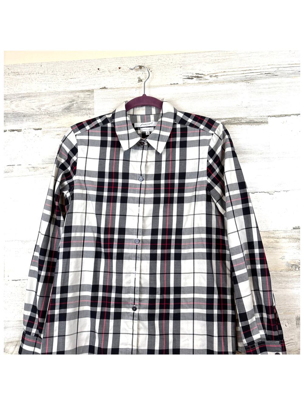 Foxcroft Womens 10 Black White Plaid Wrinkle Free Button Down Shaped Shirt